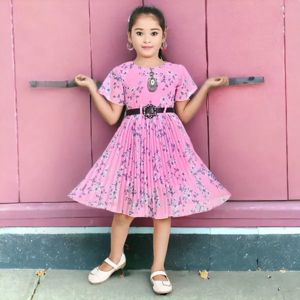 Pink_Half_Sleeve_Girls_Midi/Knee_Length_Casual_Dress_(Pink,_Half_Sleeve)