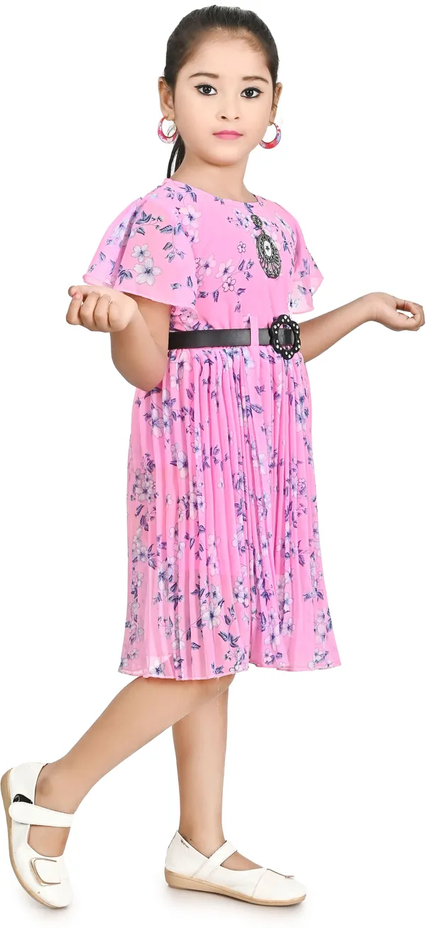 Pink_Half_Sleeve_Girls_Midi/Knee_Length_Casual_Dress_(Pink,_Half_Sleeve)