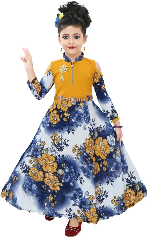 Yellow_3/4_Sleeve_Girls_Maxi/Full_Length_Casual_Dress_(Yellow,_3/4_Sleeve)