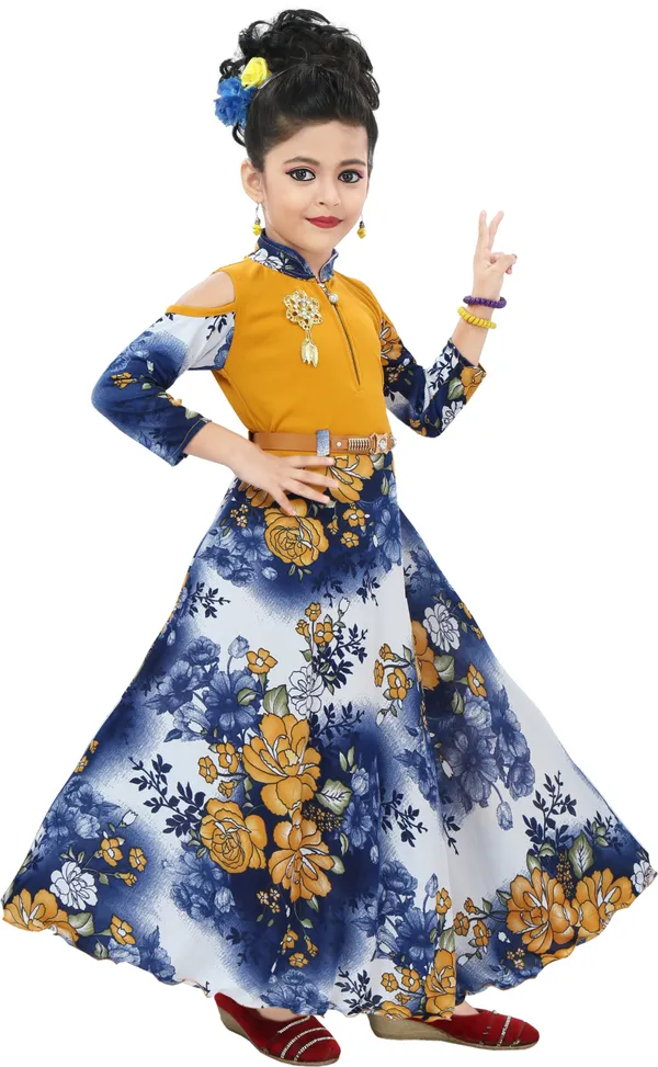 Yellow_3/4_Sleeve_Girls_Maxi/Full_Length_Casual_Dress_(Yellow,_3/4_Sleeve)