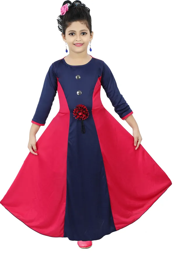 Pink_3/4_Sleeve_Girls_Maxi/Full_Length_Party_Dress_(Pink,_3/4_Sleeve)