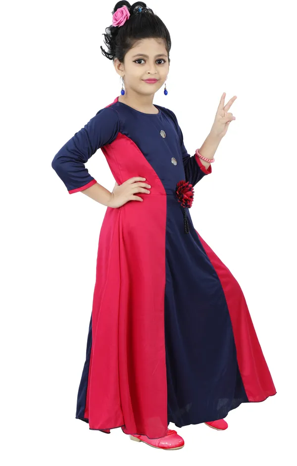 Pink_3/4_Sleeve_Girls_Maxi/Full_Length_Party_Dress_(Pink,_3/4_Sleeve)