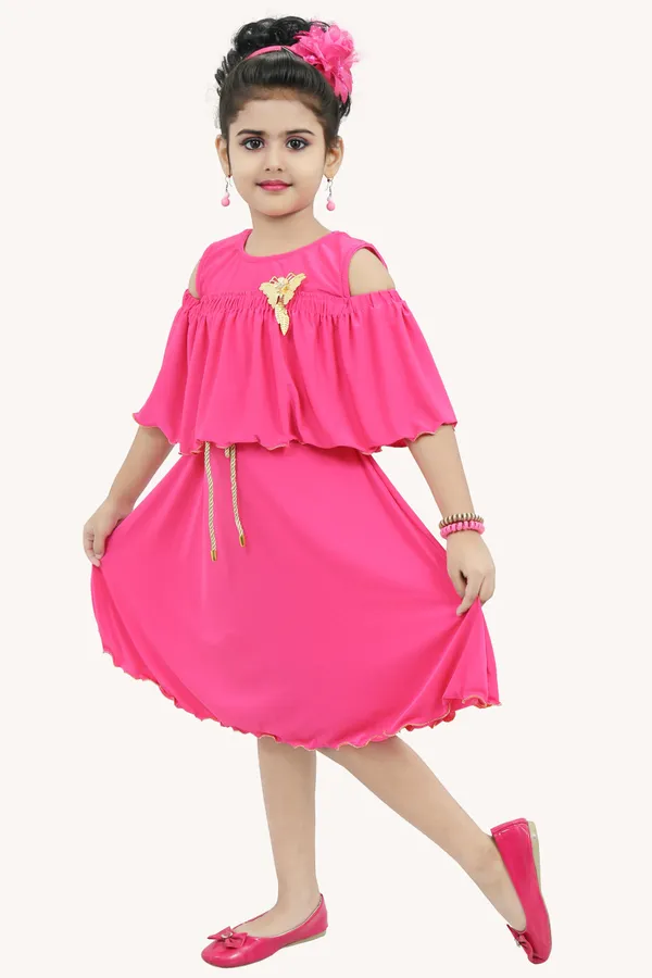 Pink_Short_Sleeve_Girls_Midi/Knee_Length_Casual_Dress_(Pink,_Short_Sleeve)