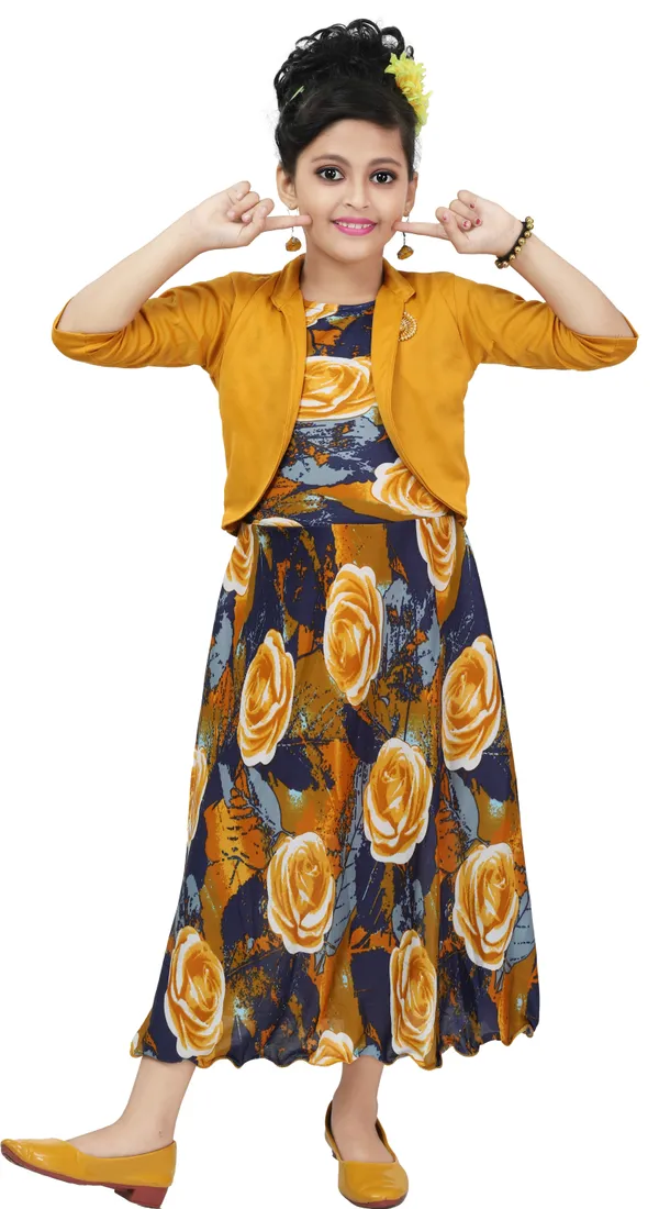 Yellow_3/4_Sleeve_Girls_Maxi/Full_Length_Casual_Dress_(Yellow,_3/4_Sleeve)