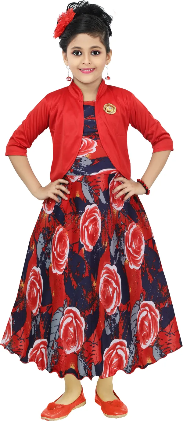 Red_3/4_Sleeve_Girls_Maxi/Full_Length_Casual_Dress_(Red,_3/4_Sleeve)