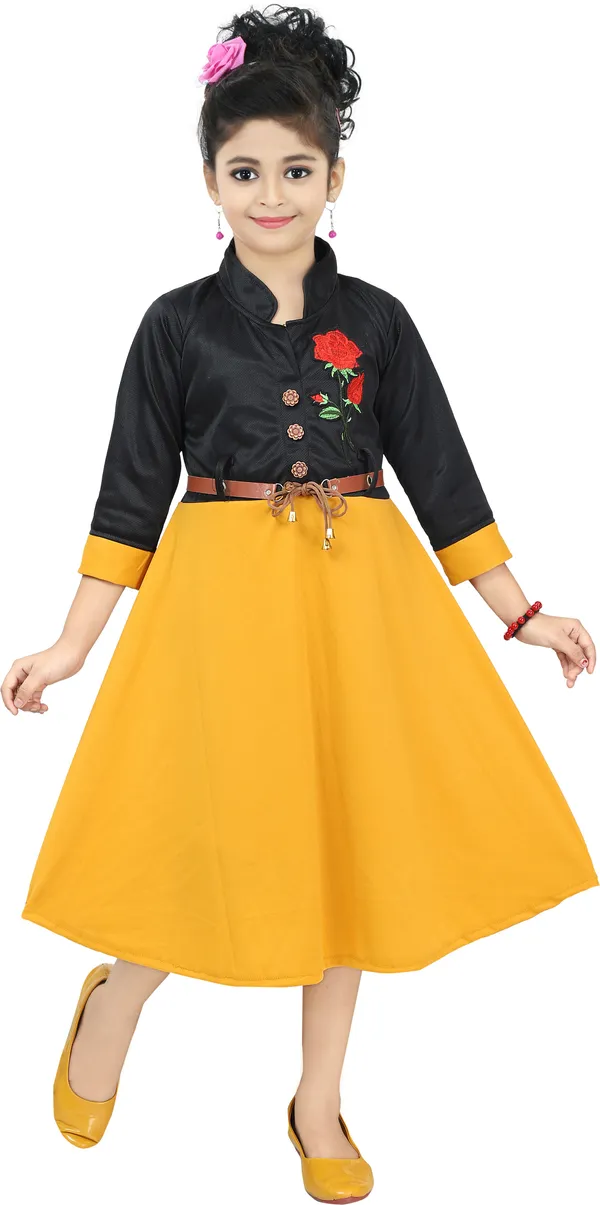 Black_3/4_Sleeve_Girls_Calf_Length_Casual_Dress_(Black,_3/4_Sleeve)
