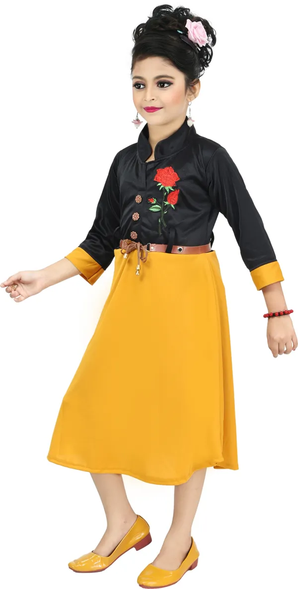 Black_3/4_Sleeve_Girls_Calf_Length_Casual_Dress_(Black,_3/4_Sleeve)