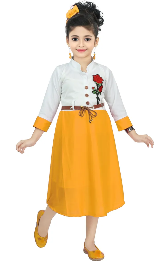 Yellow_3/4_Sleeve_Girls_Calf_Length_Casual_Dress_(Yellow,_3/4_Sleeve)