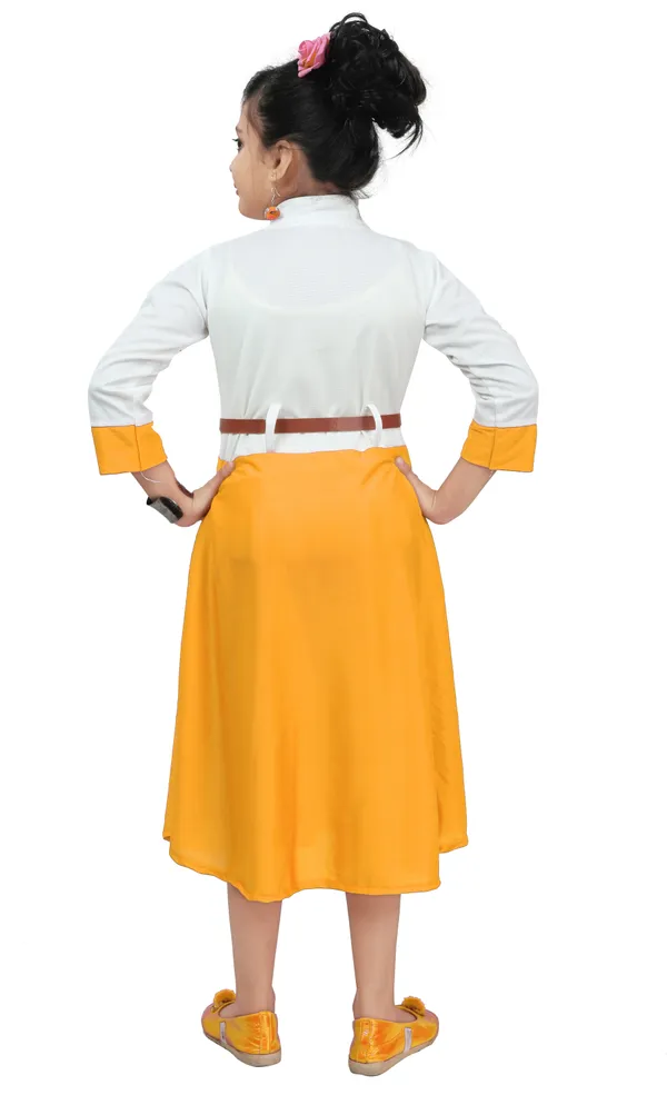 Yellow_3/4_Sleeve_Girls_Calf_Length_Casual_Dress_(Yellow,_3/4_Sleeve)