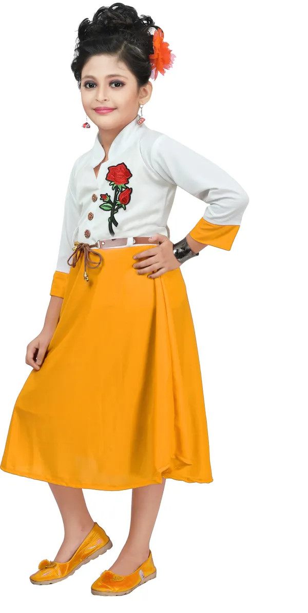 Yellow_3/4_Sleeve_Girls_Calf_Length_Casual_Dress_(Yellow,_3/4_Sleeve)