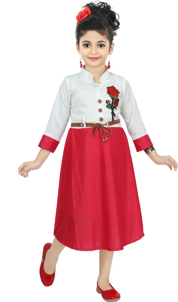 Red_3/4_Sleeve_Girls_Calf_Length_Casual_Dress_(Red,_3/4_Sleeve)
