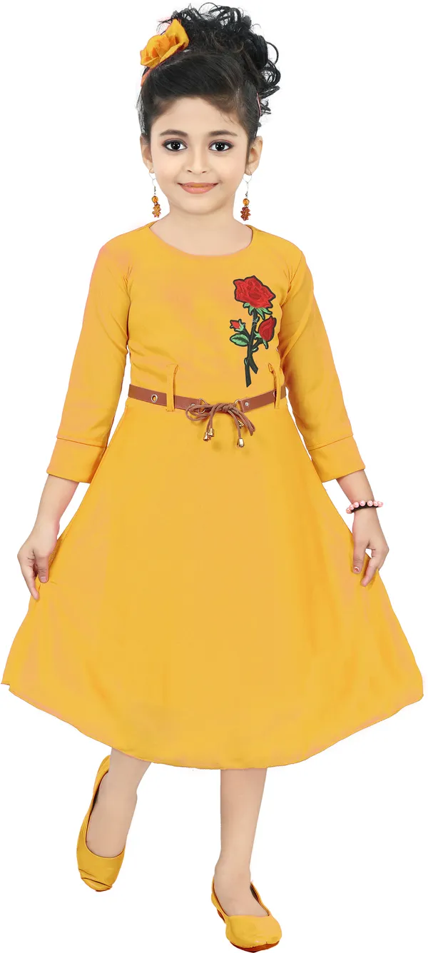 Yellow_3/4_Sleeve_Girls_Below_Knee_Casual_Dress_(Yellow,_3/4_Sleeve)