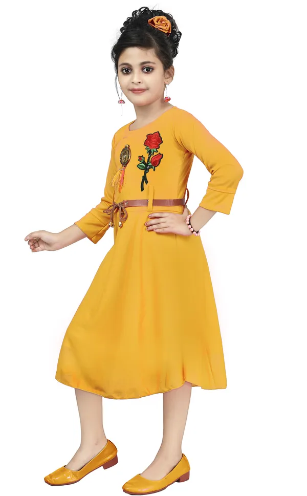 Yellow_3/4_Sleeve_Girls_Below_Knee_Casual_Dress_(Yellow,_3/4_Sleeve)