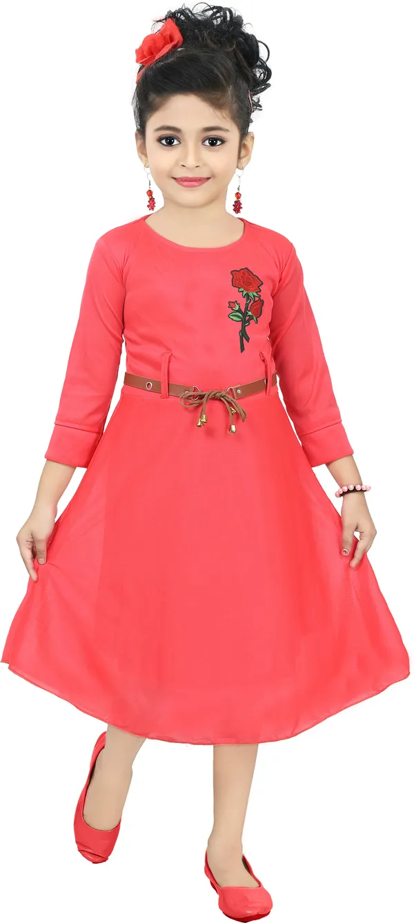 Pink_3/4_Sleeve_Girls_Below_Knee_Casual_Dress_(Pink,_3/4_Sleeve)