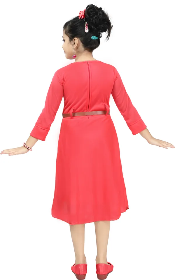 Pink_3/4_Sleeve_Girls_Below_Knee_Casual_Dress_(Pink,_3/4_Sleeve)