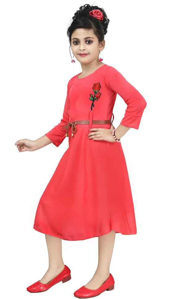 Pink_3/4_Sleeve_Girls_Below_Knee_Casual_Dress_(Pink,_3/4_Sleeve)