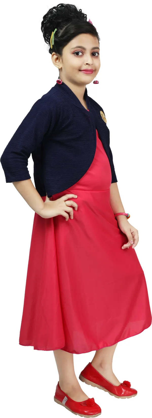 Pink_3/4_Sleeve_Girls_Below_Knee_Casual_Dress_(Pink,_3/4_Sleeve)