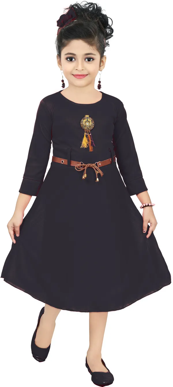 Black_3/4_Sleeve_Girls_Below_Knee_Casual_Dress_(Black,_3/4_Sleeve)
