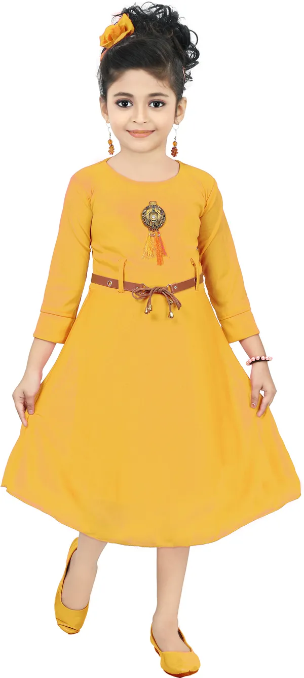 Yellow_3/4_Sleeve_Girls_Below_Knee_Casual_Dress_(Yellow,_3/4_Sleeve)