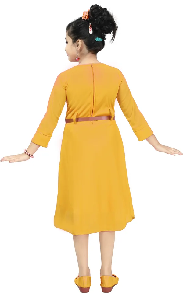 Yellow_3/4_Sleeve_Girls_Below_Knee_Casual_Dress_(Yellow,_3/4_Sleeve)