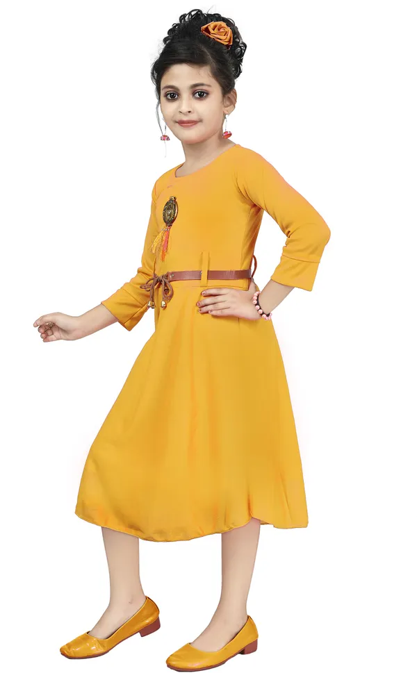 Yellow_3/4_Sleeve_Girls_Below_Knee_Casual_Dress_(Yellow,_3/4_Sleeve)