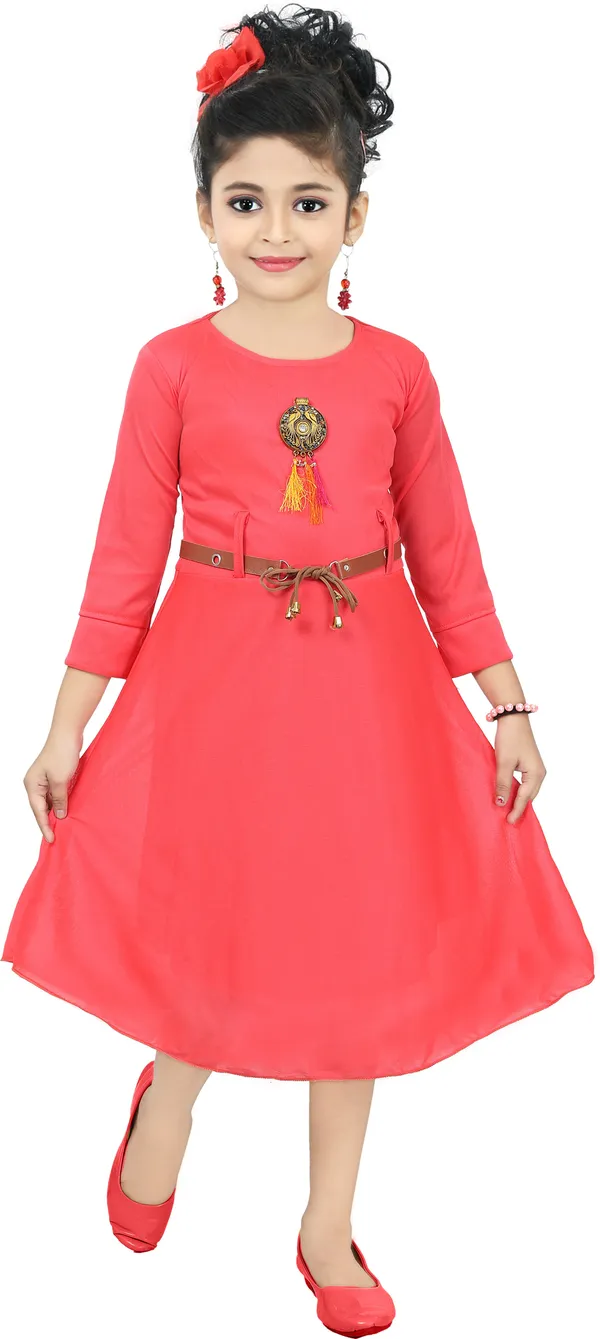Red_3/4_Sleeve_Girls_Below_Knee_Casual_Dress_(Red,_3/4_Sleeve)