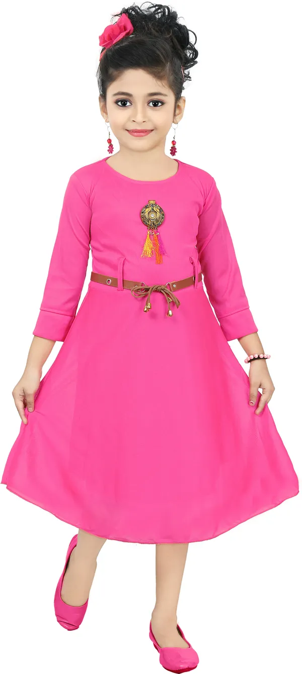 Pink_3/4_Sleeve_Girls_Below_Knee_Casual_Dress_(Pink,_3/4_Sleeve)