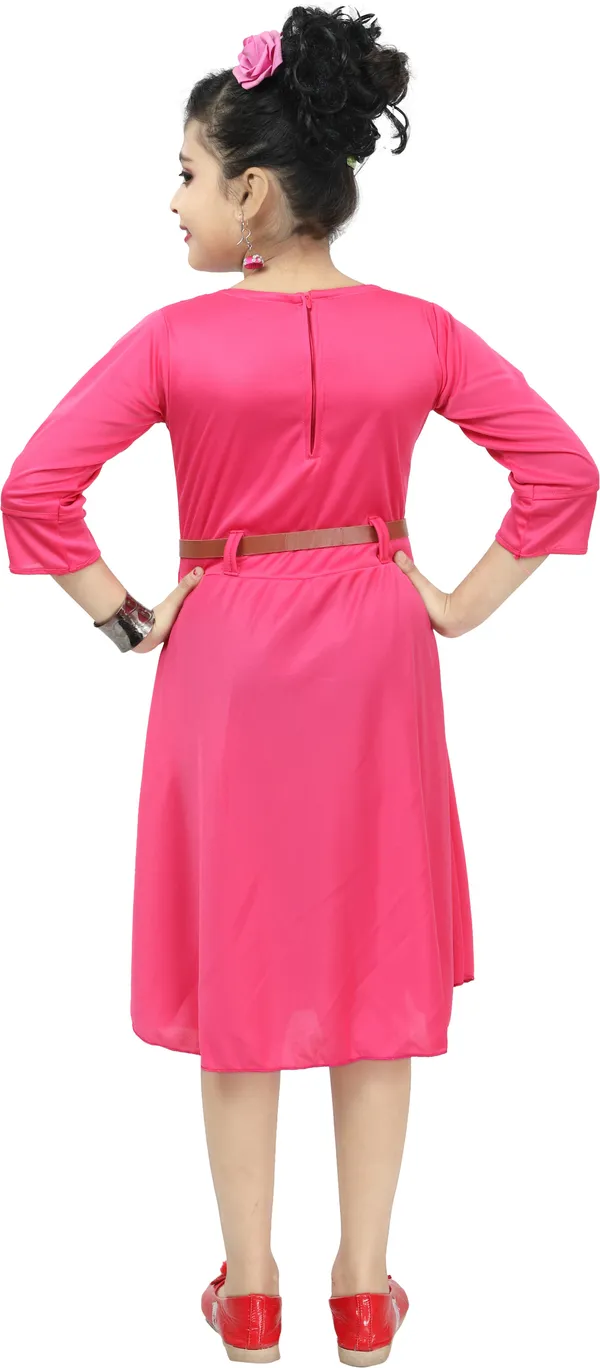 Pink_3/4_Sleeve_Girls_Below_Knee_Casual_Dress_(Pink,_3/4_Sleeve)