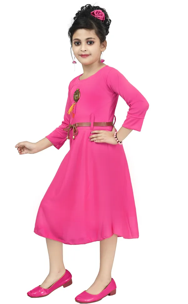 Pink_3/4_Sleeve_Girls_Below_Knee_Casual_Dress_(Pink,_3/4_Sleeve)