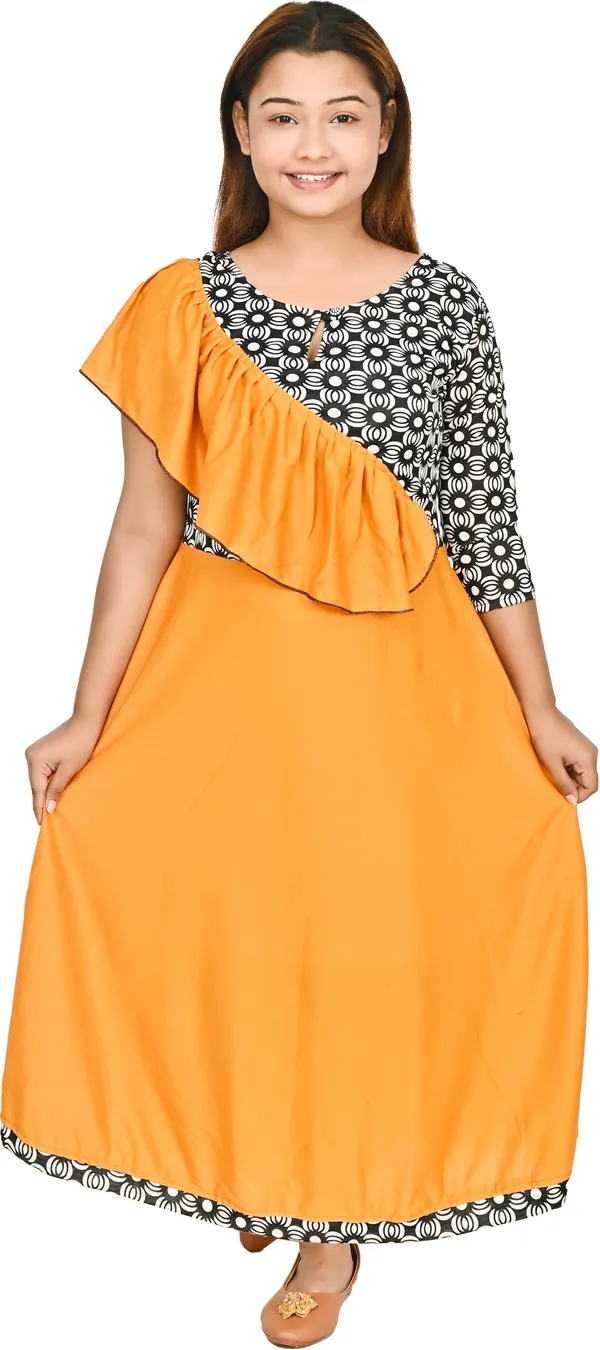 Yellow_3/4_Sleeve_Girls_Maxi/Full_Length_Casual_Dress_(Yellow,_3/4_Sleeve)