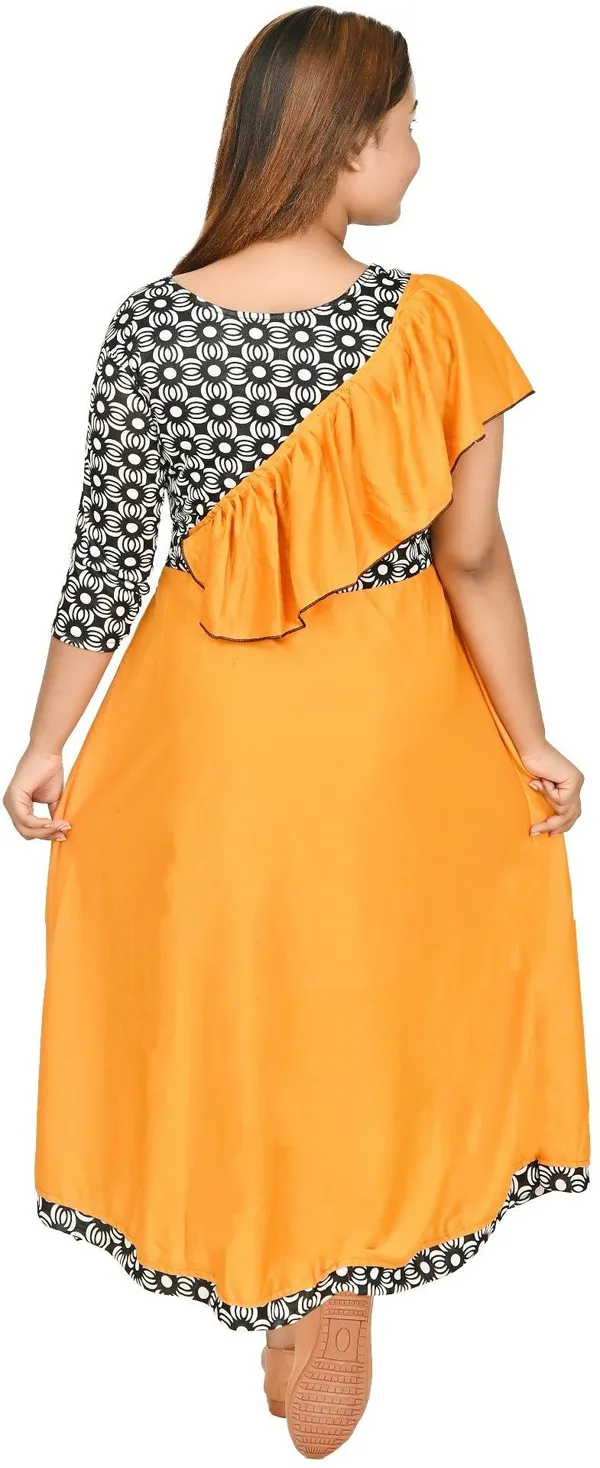 Yellow_3/4_Sleeve_Girls_Maxi/Full_Length_Casual_Dress_(Yellow,_3/4_Sleeve)
