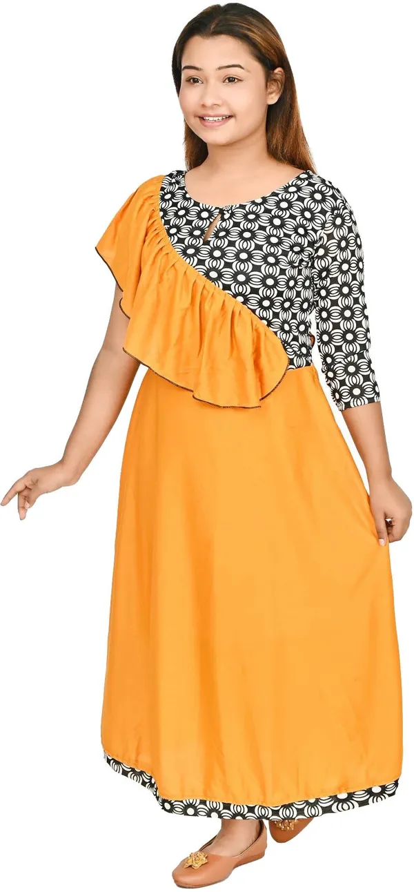 Yellow_3/4_Sleeve_Girls_Maxi/Full_Length_Casual_Dress_(Yellow,_3/4_Sleeve)