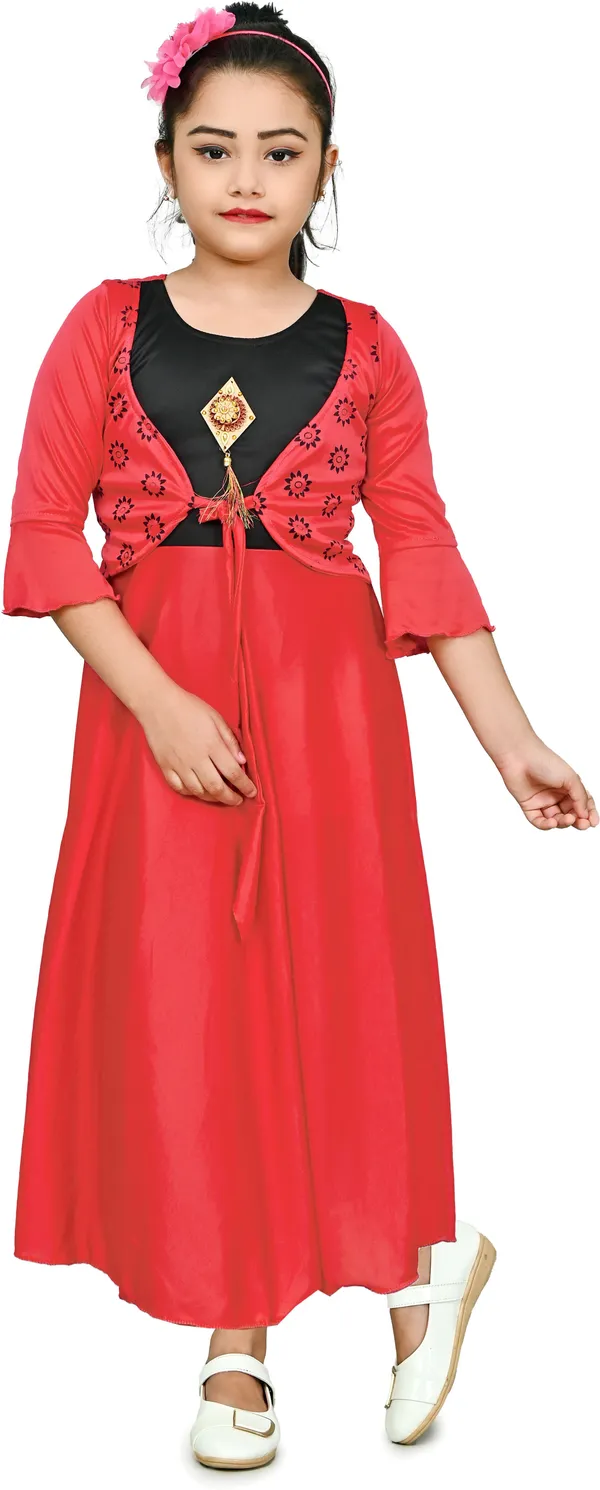 Red_3/4_Sleeve_Girls_Maxi/Full_Length_Casual_Dress_(Red,_3/4_Sleeve)
