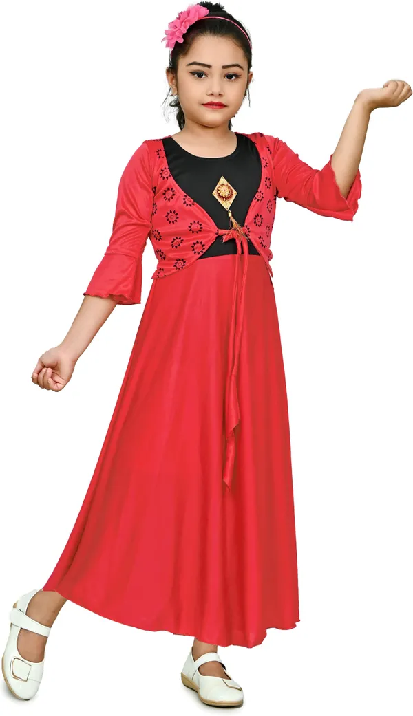 Red_3/4_Sleeve_Girls_Maxi/Full_Length_Casual_Dress_(Red,_3/4_Sleeve)
