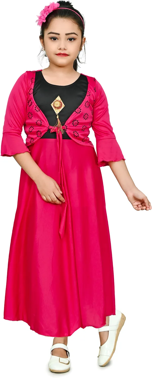 Multicolor_3/4_Sleeve_Girls_Maxi/Full_Length_Casual_Dress_(Multicolor,_3/4_Sleeve)