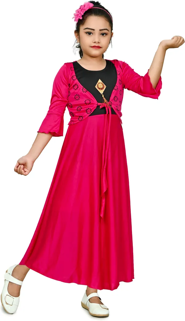 Multicolor_3/4_Sleeve_Girls_Maxi/Full_Length_Casual_Dress_(Multicolor,_3/4_Sleeve)