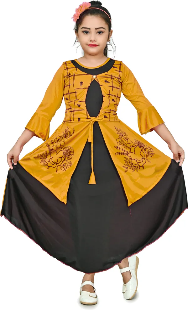 Yellow_3/4_Sleeve_Girls_Maxi/Full_Length_Party_Dress_(Yellow,_3/4_Sleeve)