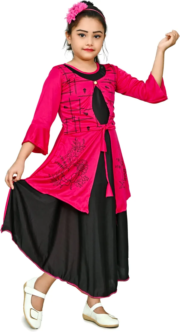 Pink_3/4_Sleeve_Girls_Maxi/Full_Length_Party_Dress_(Pink,_3/4_Sleeve)