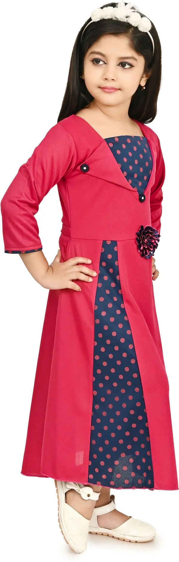 Pink_3/4_Sleeve_Girls_Maxi/Full_Length_Party_Dress_(Pink,_3/4_Sleeve)
