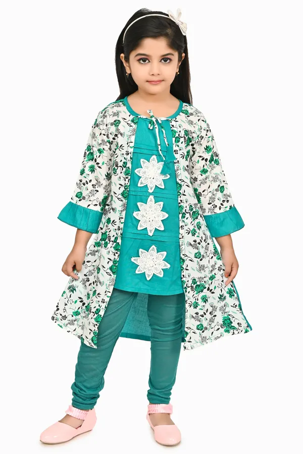 Green_3/4_Sleeve_Girls_Below_Knee_Casual_Dress_(Green,_3/4_Sleeve)