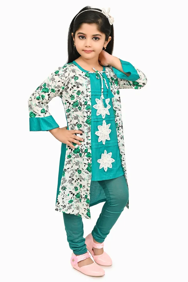 Green_3/4_Sleeve_Girls_Below_Knee_Casual_Dress_(Green,_3/4_Sleeve)