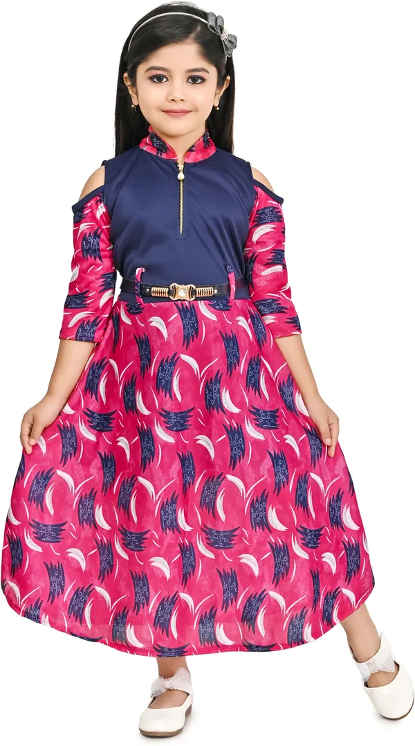 Pink_3/4_Sleeve_Girls_Calf_Length_Party_Dress_(Pink,_3/4_Sleeve)