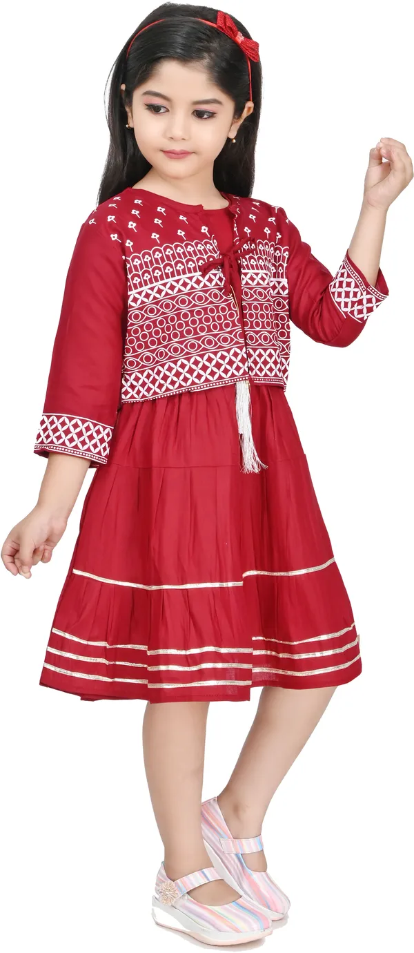Maroon_3/4_Sleeve_Girls_Midi/Knee_Length_Party_Dress_(Maroon,_3/4_Sleeve)