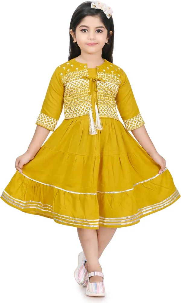 Yellow_3/4_Sleeve_Girls_Midi/Knee_Length_Party_Dress_(Yellow,_3/4_Sleeve)