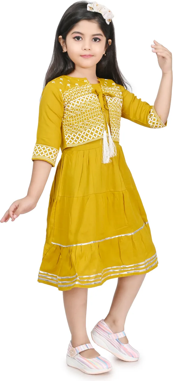Yellow_3/4_Sleeve_Girls_Midi/Knee_Length_Party_Dress_(Yellow,_3/4_Sleeve)