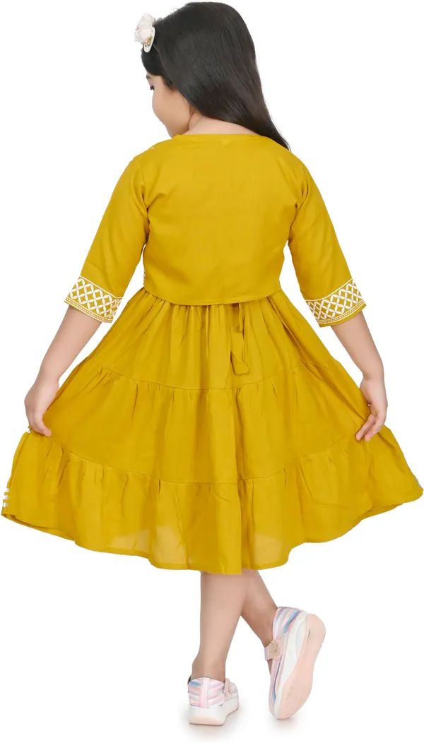 Yellow_3/4_Sleeve_Girls_Midi/Knee_Length_Party_Dress_(Yellow,_3/4_Sleeve)
