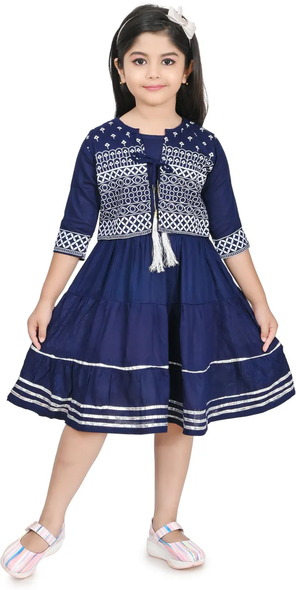 Blue_3/4_Sleeve_Girls_Midi/Knee_Length_Party_Dress_(Blue,_3/4_Sleeve)