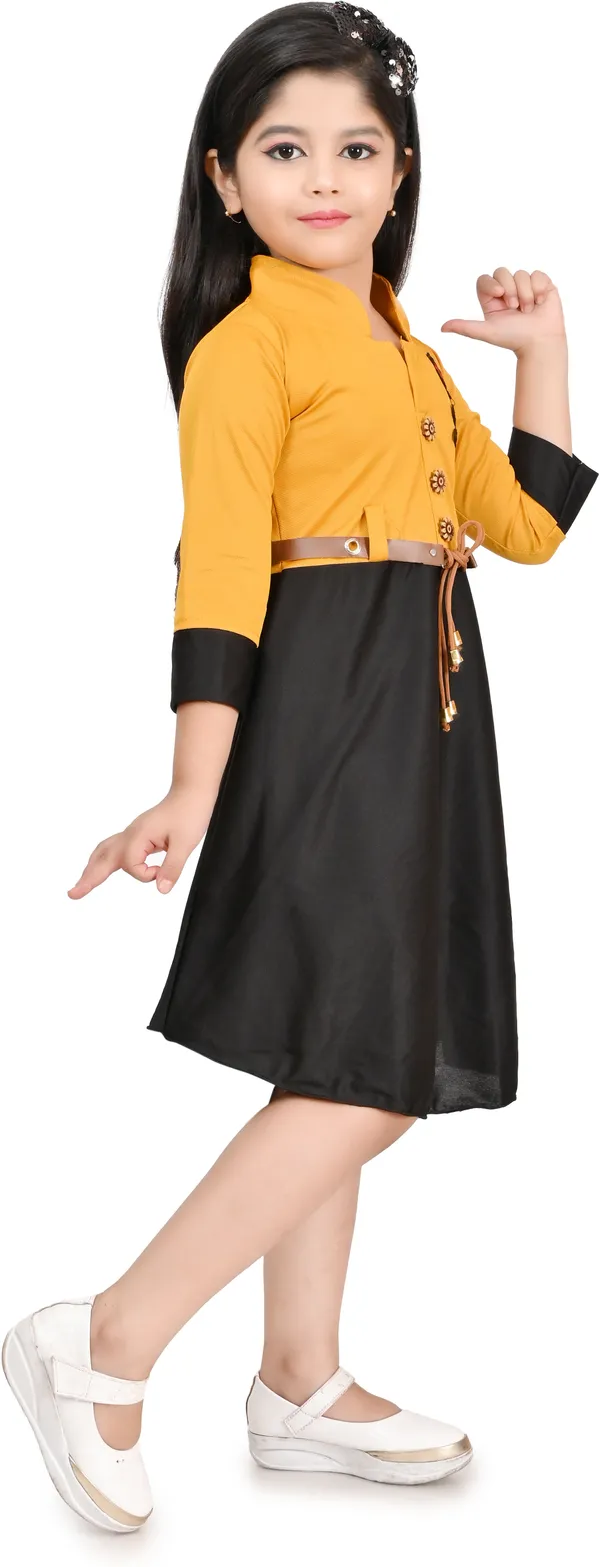 Yellow_3/4_Sleeve_Baby_Girls_Midi/Knee_Length_Party_Dress_(Yellow,_3/4_Sleeve)