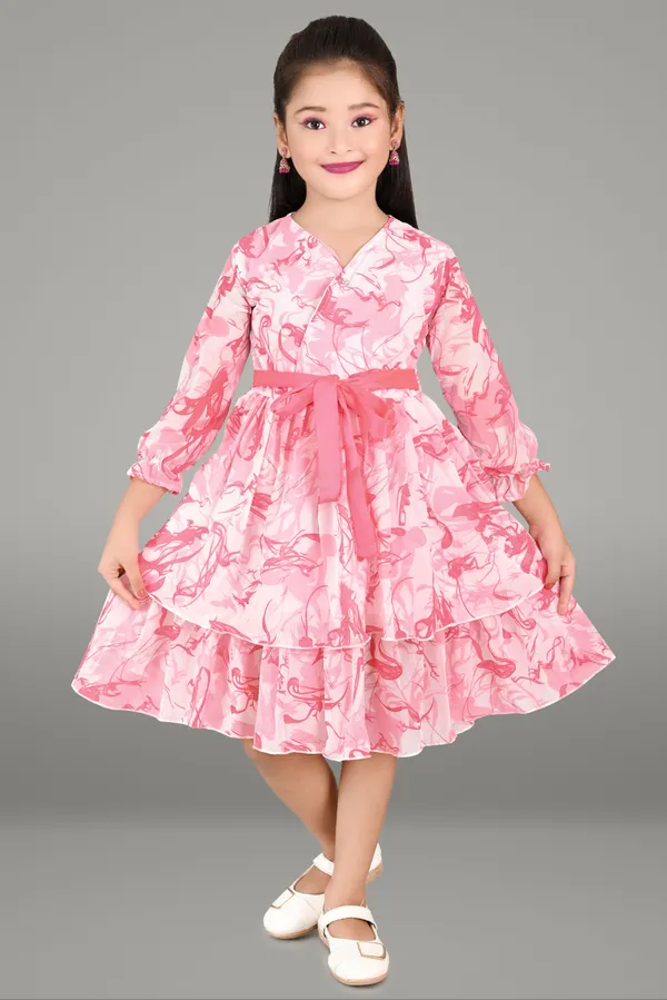 Pink_3/4_Sleeve_Girls_Midi/Knee_Length_Party_Dress_(Pink,_3/4_Sleeve)