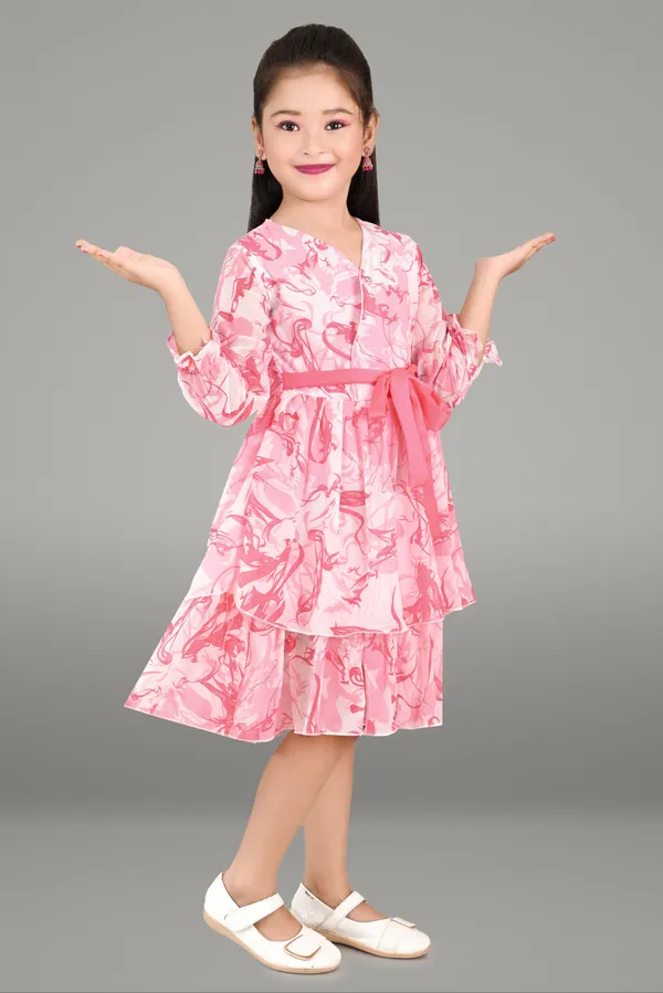 Pink_3/4_Sleeve_Girls_Midi/Knee_Length_Party_Dress_(Pink,_3/4_Sleeve)